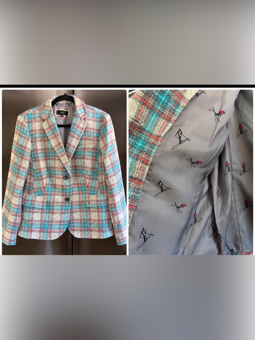 NWT Talbots Plaid Wool Blazer Retro Ski Print Lining Sz L Apres Ski Preppy